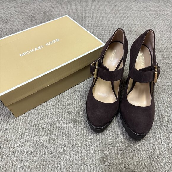 Michael kors Heels Flynn Mary Jane Brown Suede Women's Size 7 New - Picture 1 of 13